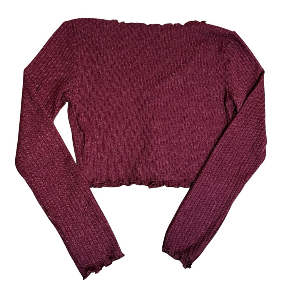 American Eagle Lettuce Trimmed Ribbed Burgundy Cardigan Button Down Size Small - Picture 6 of 6